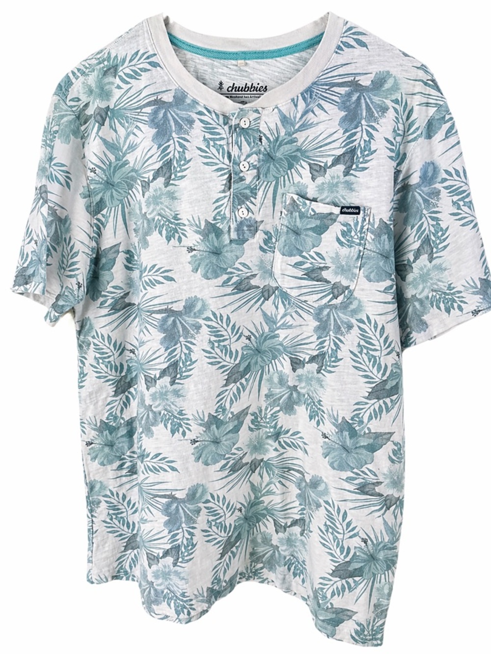 Chubbies Henley T Shirt Mens XL Tropical Floral Blue Gray Pocket Casual